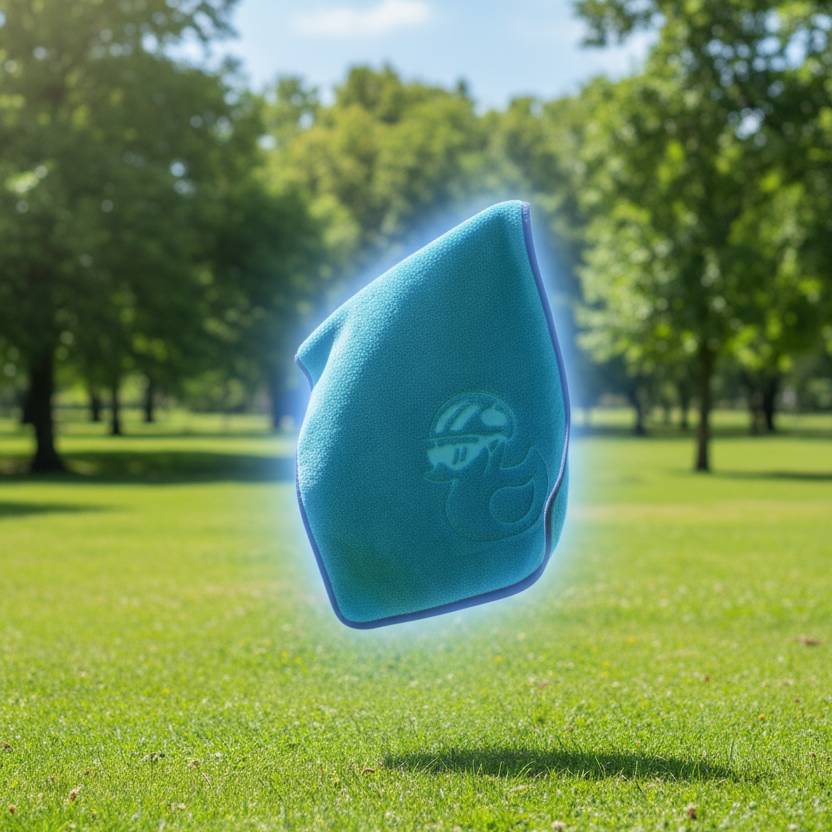 Vier blaue Mikrofasertücher - Reinigungstücher 400g/m² schweben über einer Wiese in einem sonnenbeschienenen Park, mit Bäumen und einem blauen Himmel im Hintergrund.