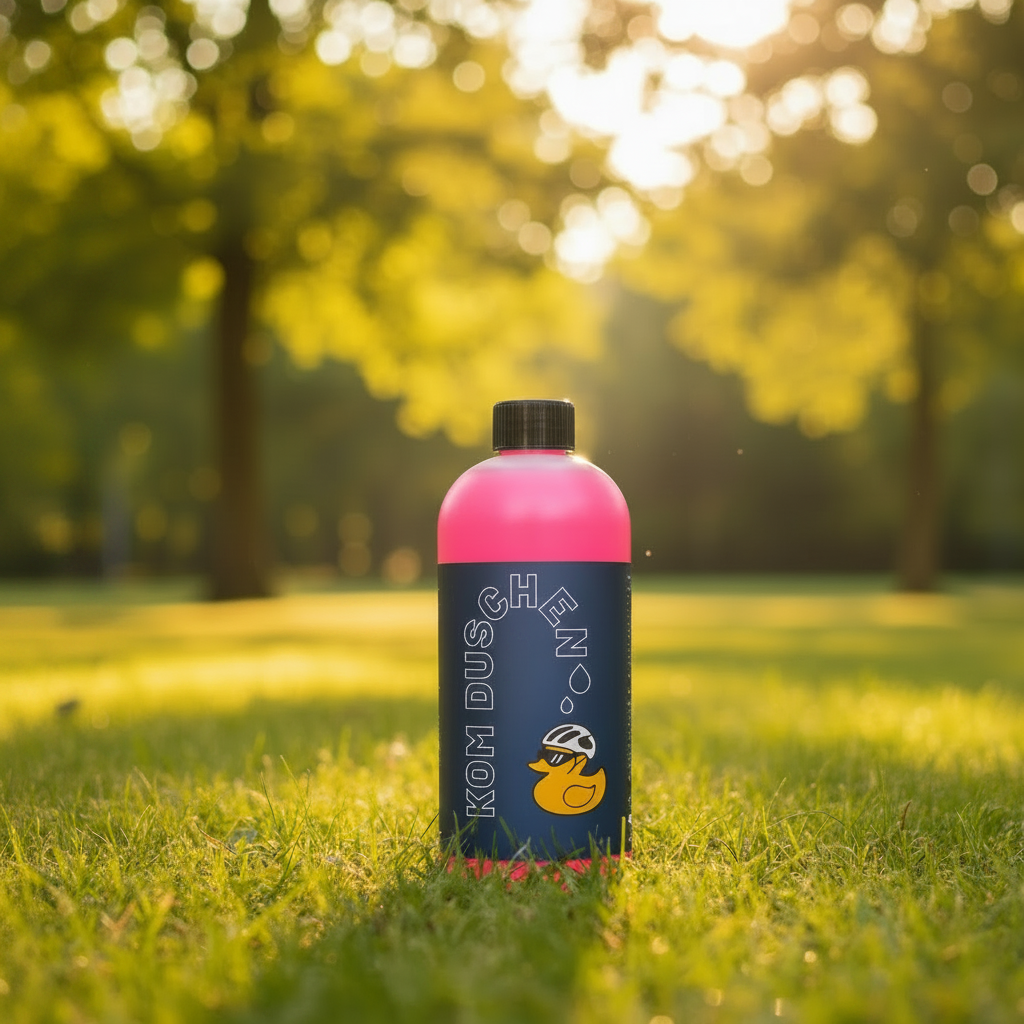 Eine leuchtend pinkfarbene Flasche mit schwarzem Verschluss, versehen mit einem blauen Etikett, auf dem „KOM DUSCHEN“ steht und eine gelbe Gummiente mit Sonnenbrille und Helm abgebildet ist. Unterhalb des Etiketts befindet sich außerdem ein deutscher Text, der die Wirksamkeit des Produkts als „Reiniger mit Wachs“ zum Lackschutz („Lackschutz“) bei der Fahrradwäsche („Fahrradwäsche“) hervorhebt, wobei der Produktname „Waschen und Versiegeln – Konzentrat“ angegeben ist.
