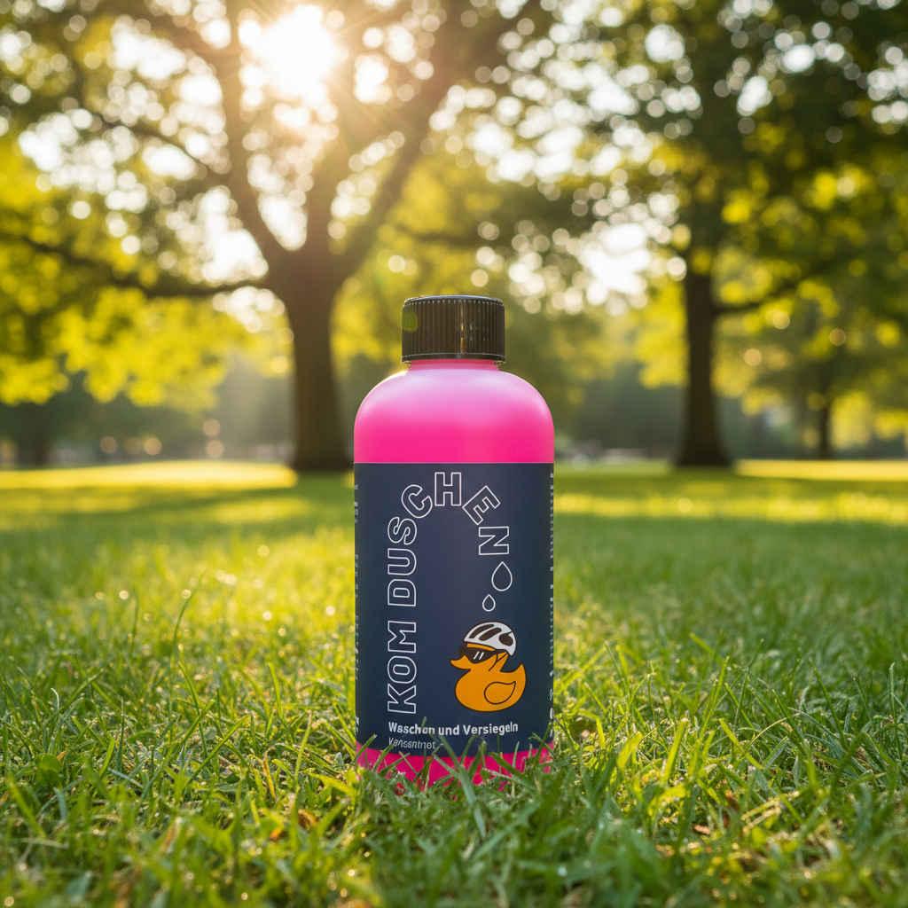 Eine rosa Flasche „Waschen und Versiegeln – Konzentrat“ mit einem schwarzen Etikett, auf dem eine Comic-Ente mit Sonnenbrille und der deutsche Text „KOM DUSCHEN“ zu sehen ist. Die Flasche, die sich perfekt für die Fahrradwäsche eignet, hat einen schwarzen Schraubverschluss und ist vor einem schlichten weißen Hintergrund fotografiert.