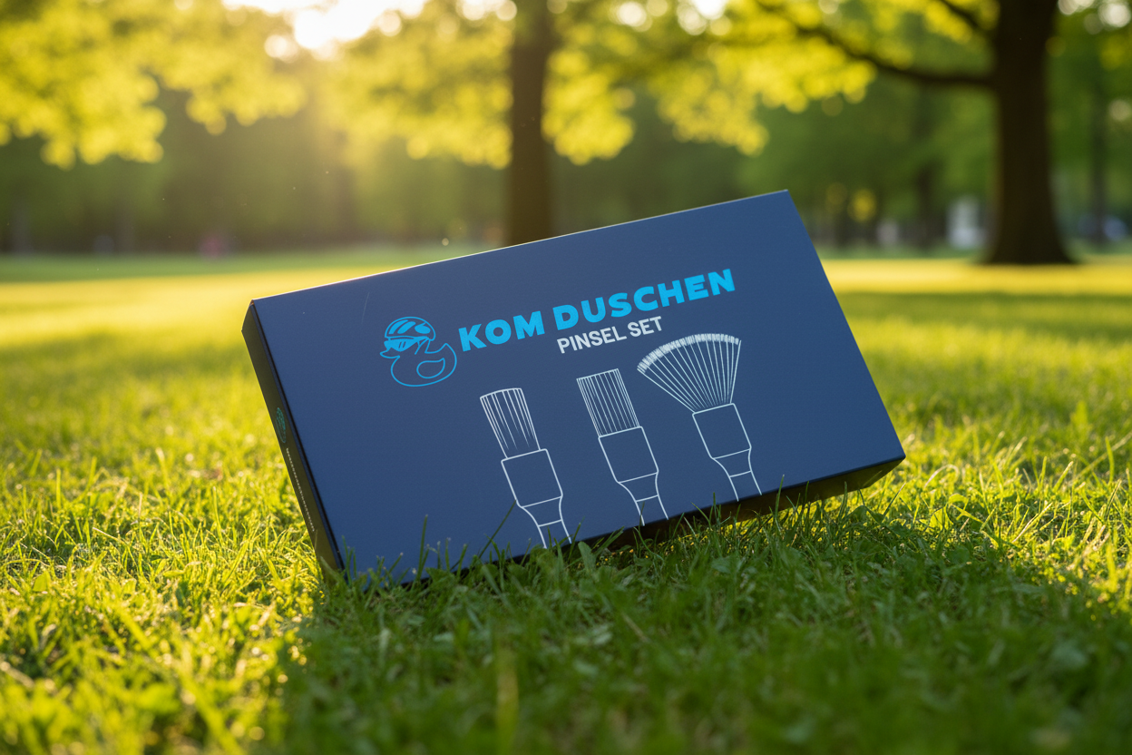 Eine blaue Schachtel mit der Aufschrift Profi - Set, die zu einem Fahrrad Reinigung Detailing Set gehört und Abbildungen von drei Pinseln zeigt, steht auf grünem Gras in einem sonnenbeschienenen Park mit Bäumen im Hintergrund.