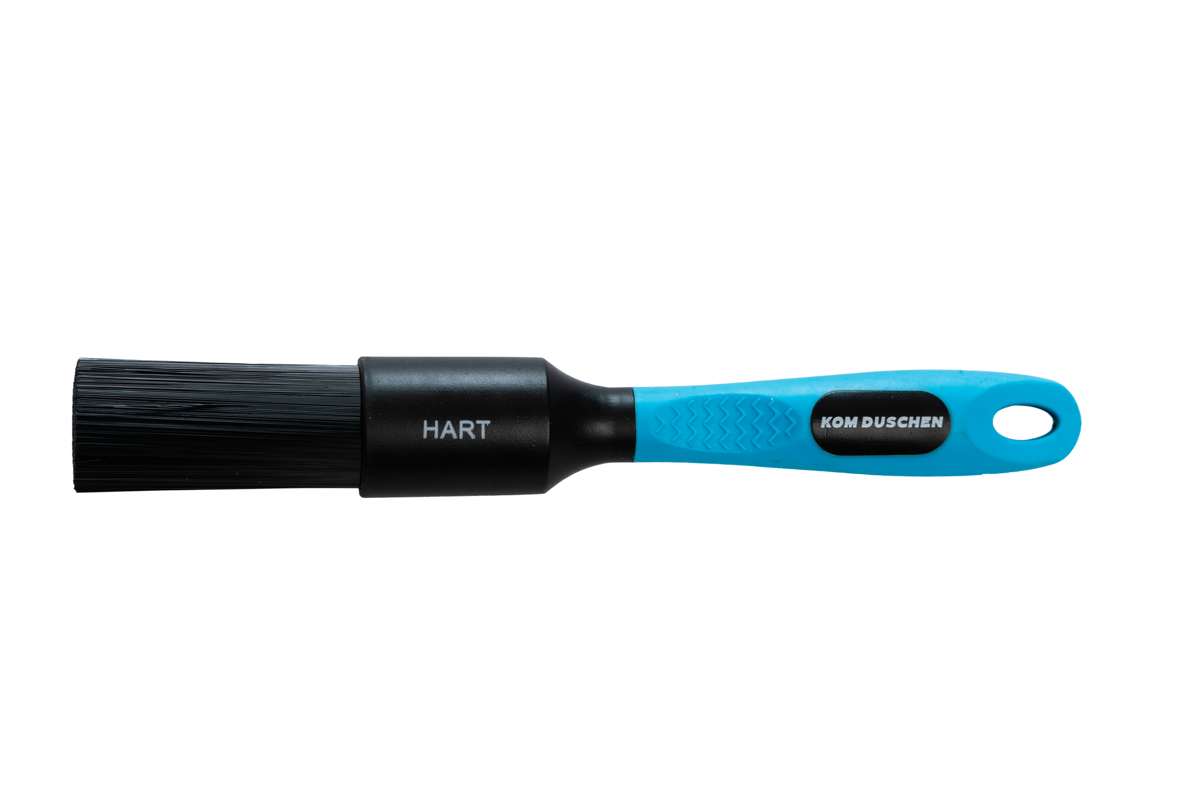 Eine blau-schwarze Pinselset - Fahrrad Detailing Reinigungsbürste mit synthetischen Borsten, einem strukturierten Griff, HART auf dem Borstenboden und KOM DUSCHEN auf dem Griff.