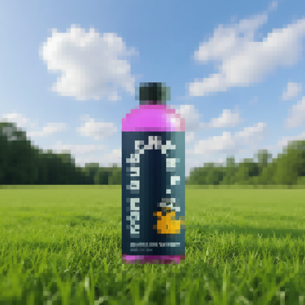 Eine bunte Flasche Waschen und Versiegeln - Konzentrat steht auf einem hellgrünen Feld mit Bäumen und einem blauen, wolkenverhangenen Himmel und verspricht optimalen Lackschutz für Ihre Fahrt.