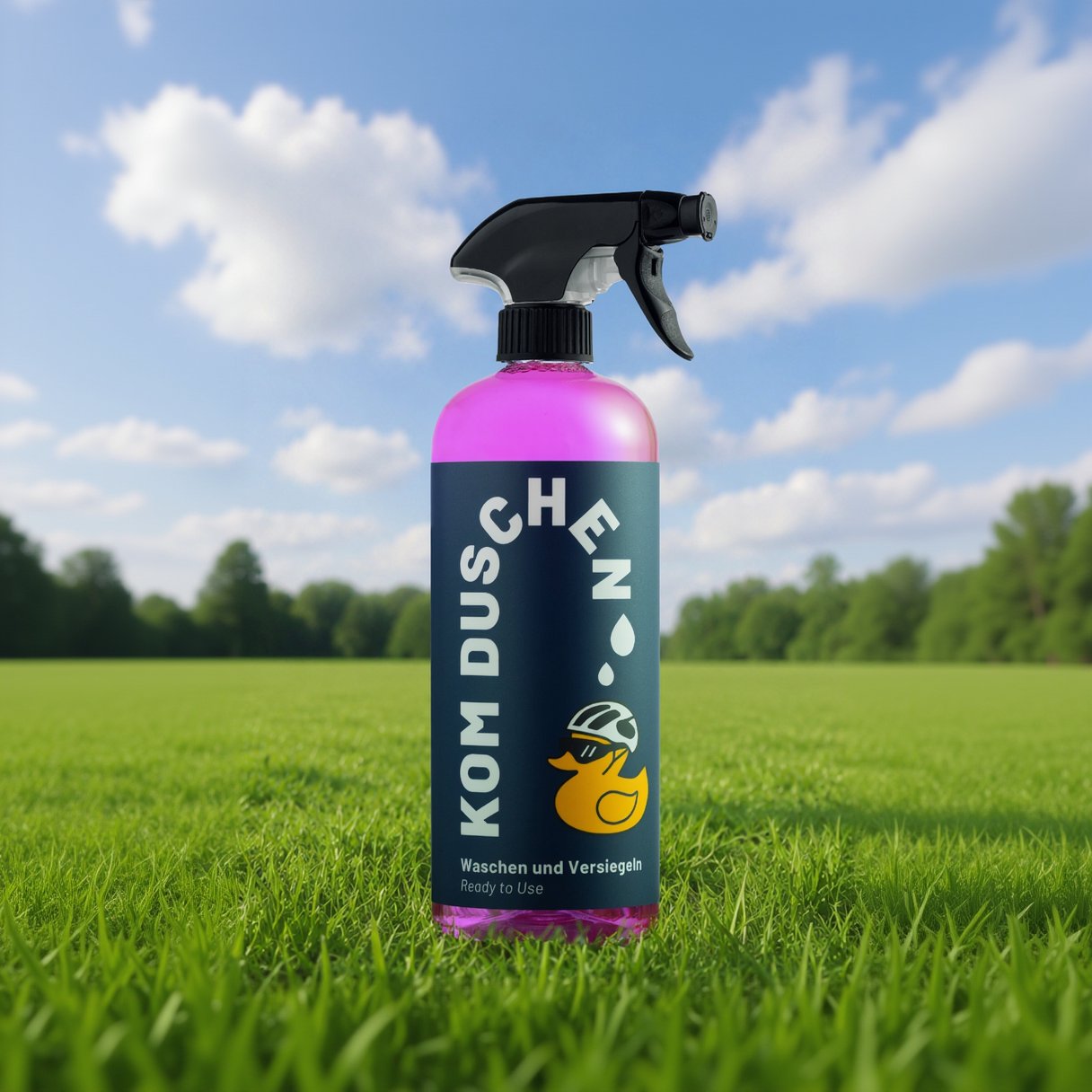 Eine mit rosa Intensivreiniger gefüllte Sprühflasche mit der Aufschrift KOM DUSCHEN steht auf grünem Gras unter sonnigem Himmel - ideal für Ihre nächste Fahrradreinigung oder als Teil Ihres Profi - Sets.