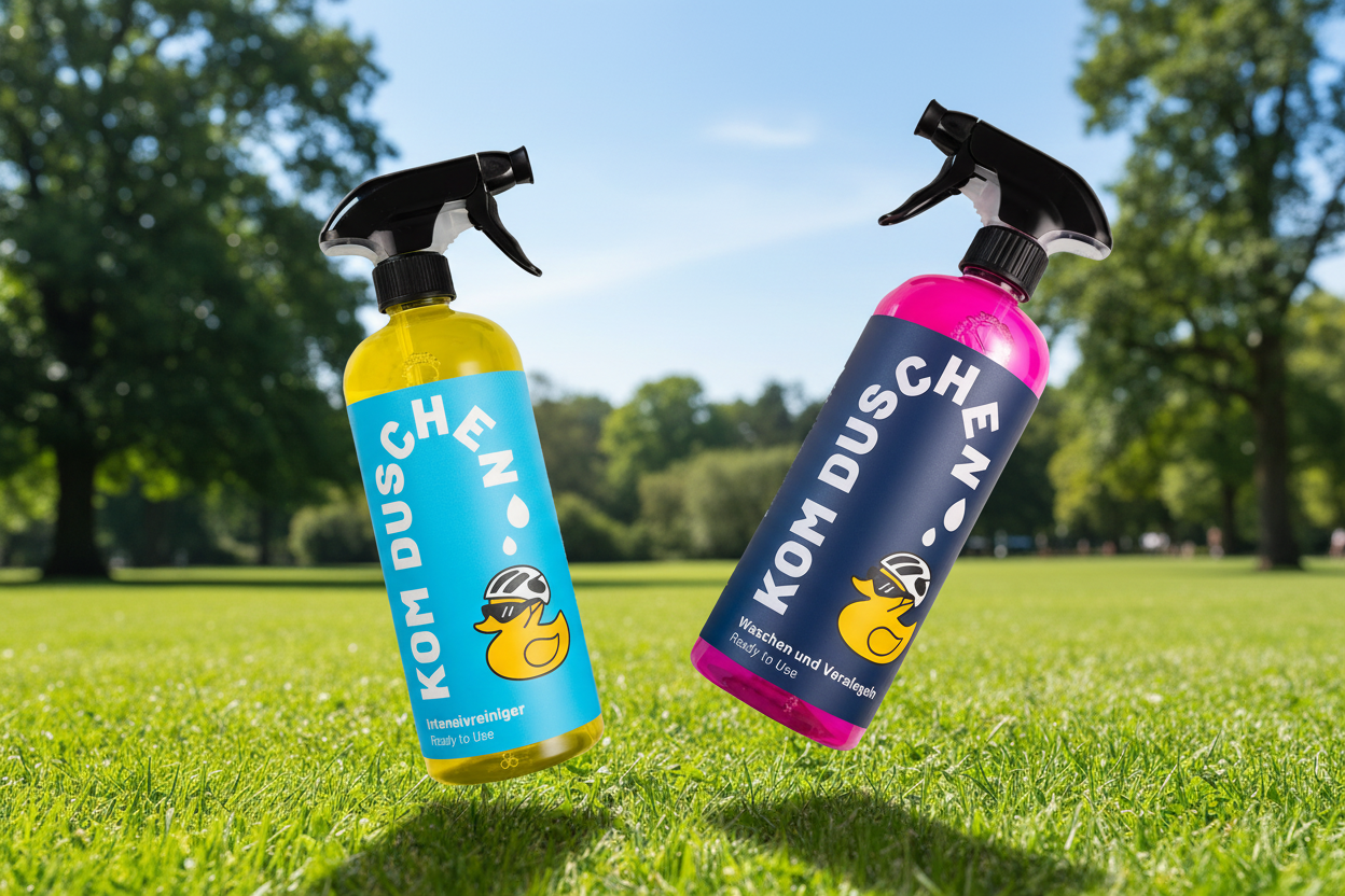Zwei bunte Essential - Set Sprühflaschen schweben über grünem Gras in einem sonnenbeschienenen Park. Mit einer Cartoon-Ente mit Sonnenbrille versehen, versprechen sie Intensivreiniger-Power für Waschen und Versiegeln unter blauem Himmel und üppigen Bäumen.