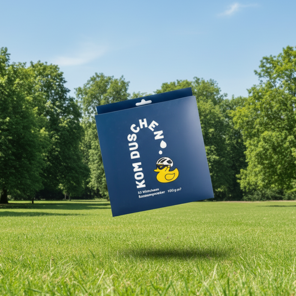 Auf einer blauen Schachtel mit der Aufschrift „KOM DUSCHEN“ ist eine gelbe Gummiente mit Sonnenbrille und Fahrradhelm abgebildet; sie enthält 4 Mikrofasertücher – Reinigungstücher 400 g/m² (4 Stück).