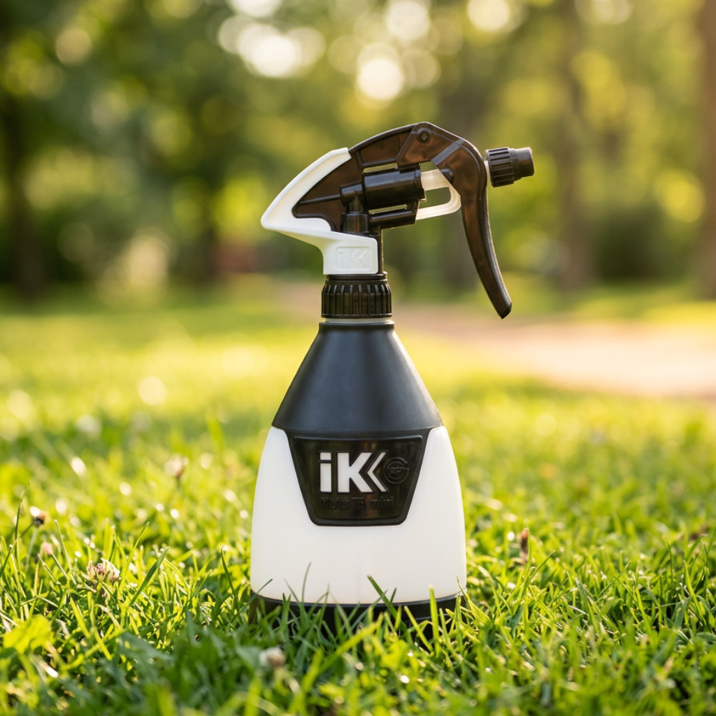 Eine weiß-schwarze IK Multi TR Mini 360º – 0,6 l Sprühflasche zum Halten mit Sprühkopf.