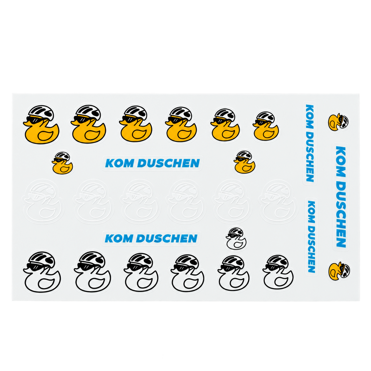 Stickerbogen mit wetterfesten gelben Gummienten im Umrissstil, die Sonnenbrillen und Fahrradhelme tragen.